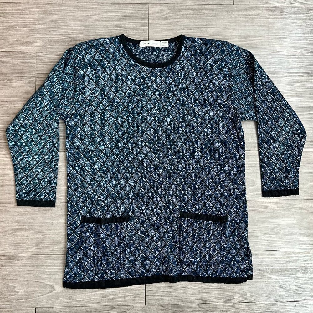 Vtg 80s Karen Lessly Tunic Sweater Argyle Shiny Shoulder Pads Blue Black Size M